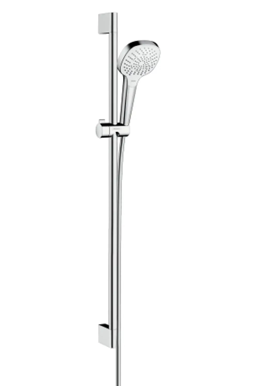 Hansgrohe Brauseset mit einer verstellbaren Handbrause, montiert an einer vertikalen Stange in Chromoptik, vor hellem Hintergrund.
